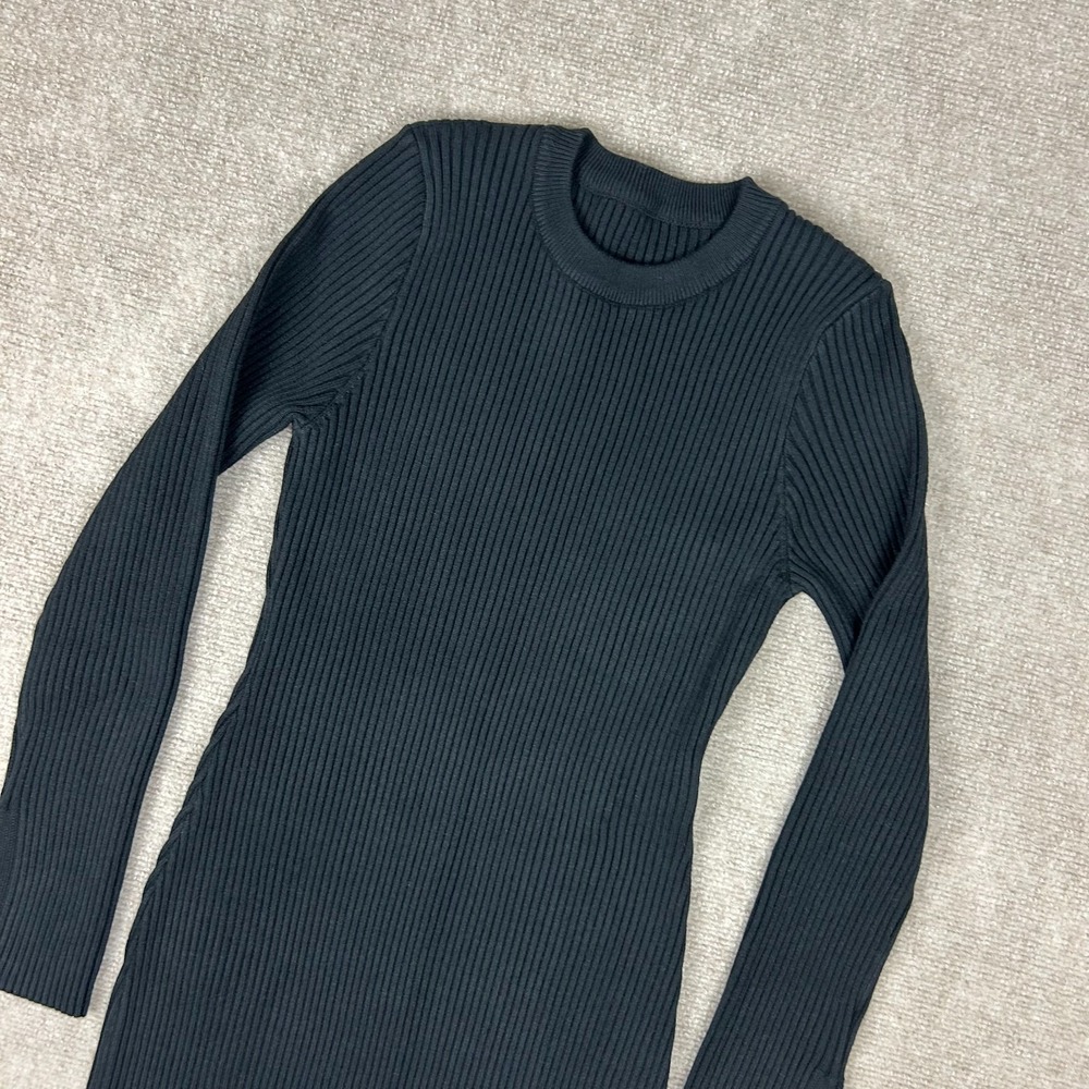 Commense Sweater Dress Womens Large Black Ribbed Long Sleeve Split Hem Crew Neck